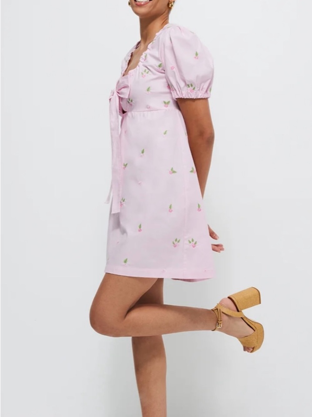 Fanm Mon Greta Pink Bow-Front Embroidered Mini Dress - Picture 6 of 10